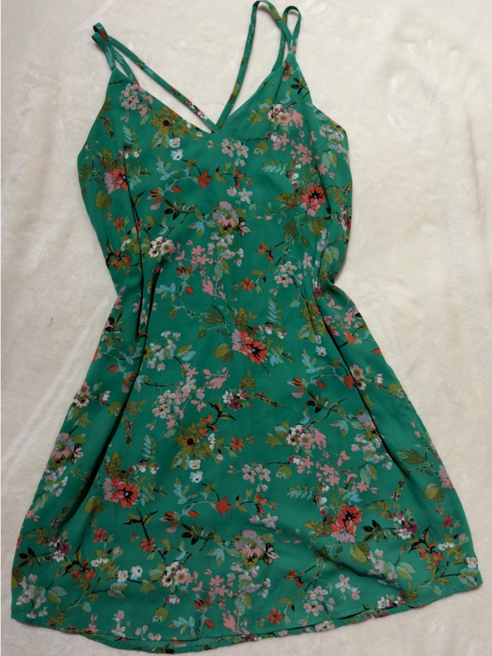 Xhilaration Green Floral V‑Neck Spaghetti Strap Mini Dress